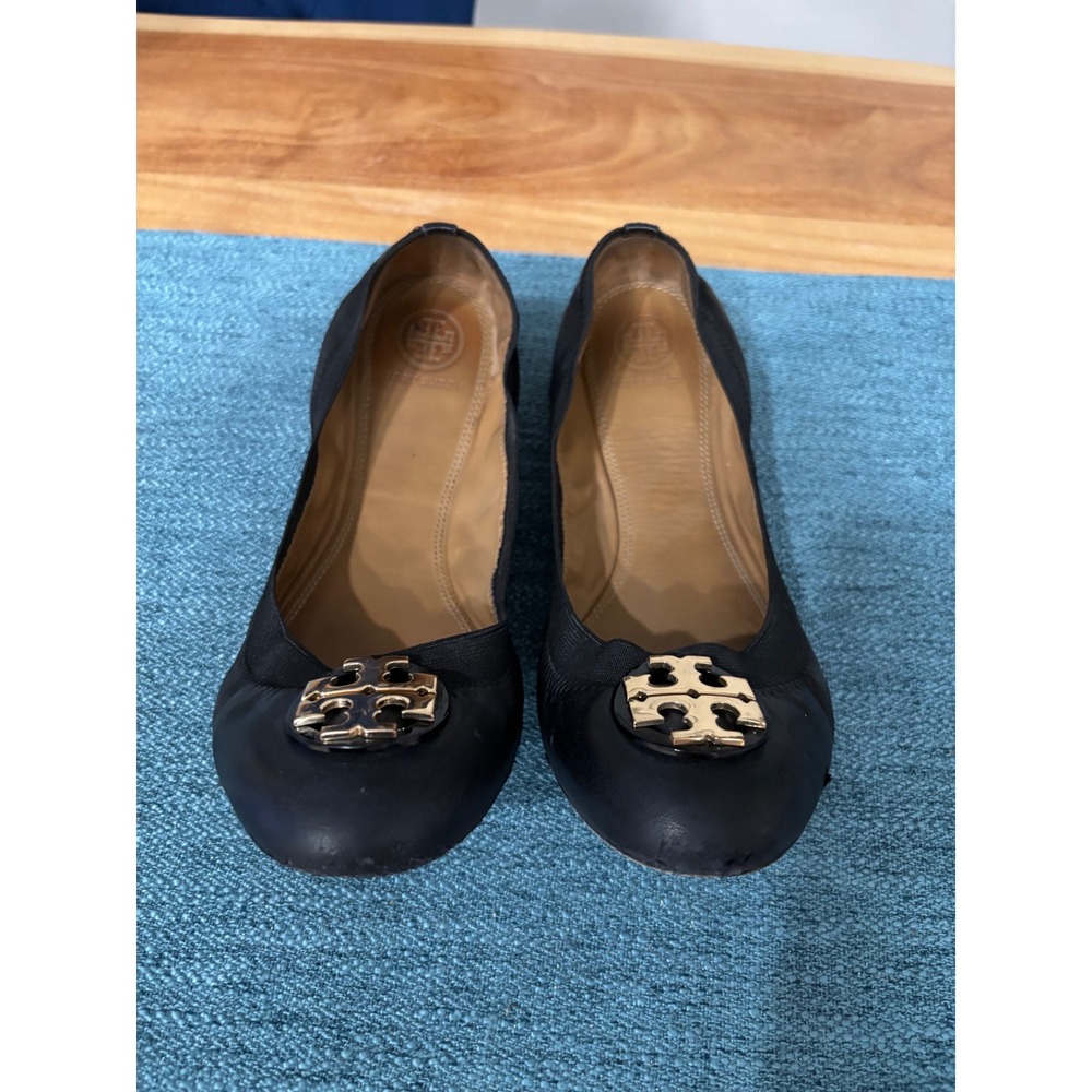 Tory Burch Reva Black Leather Ballet Flats Gold Logo Medallion Shoes